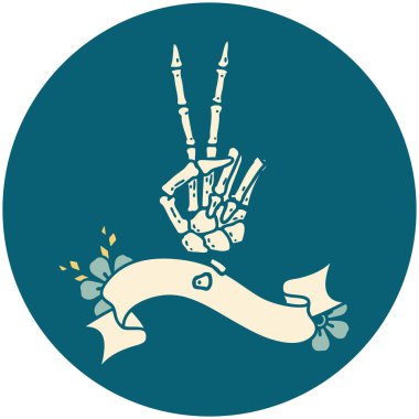 İskelet sancağına sahip dövme stili simgesi barış işareti veriyor 