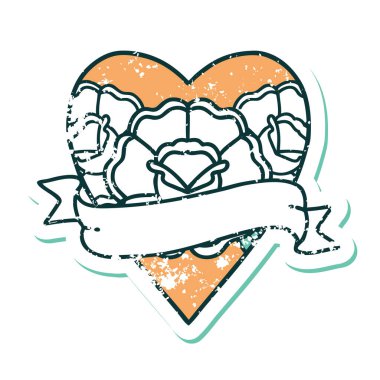 ikonik sıkıntılı dövme stili bir kalp ve çiçekli pankart