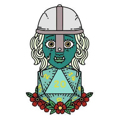 Retro Dövme Biçimi Doğal yirmilik zarlı yarı ork savaşçı karakteri