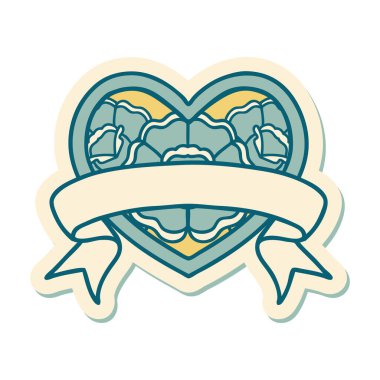 Geleneksel kalp stili dövme çıkartması ve çiçekli pankart.