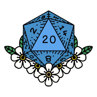 Retro Dövme Biçimi Doğal 20 D20 zarlar Çiçekli elementlerle yuvarlanır