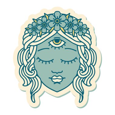 Geleneksel kadın yüzü stili dövme çıkartması. Üçüncü gözü ve çiçek tacıyla.