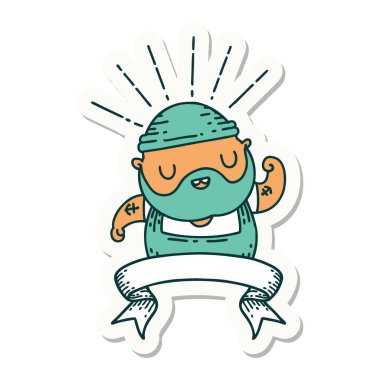 Dövme stili sakallı bir adamın çıkartması pazılarını esnetiyor.