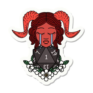 Ağlayan bağlayıcı bir karakterin çıkartması ve doğal bir D20 zarları.