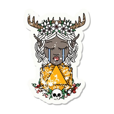 Retro Dövme Tarzı Ağlayan Elf Druid karakteri yüzü ile doğal bir D20 rulo
