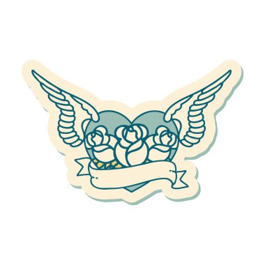 Geleneksel bir dövme stili. Çiçek ve bayrak taşıyan uçan kalp stili.