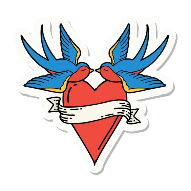 Geleneksel kırlangıç stili dövme çıkartması ve sancaklı bir kalp