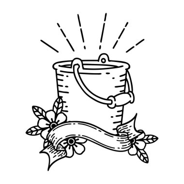 Siyah çizgili parşömen dövmeli kova dolusu su