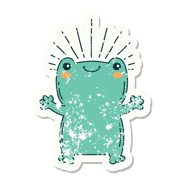 Worn Old Sticker Tattoo Style Happy Frog — Stock Vector