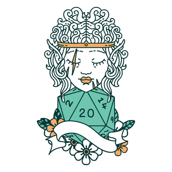 Style Tatouage Rétro Elfe Visage Caractère Barbare Avec Vingt Dés — Image vectorielle