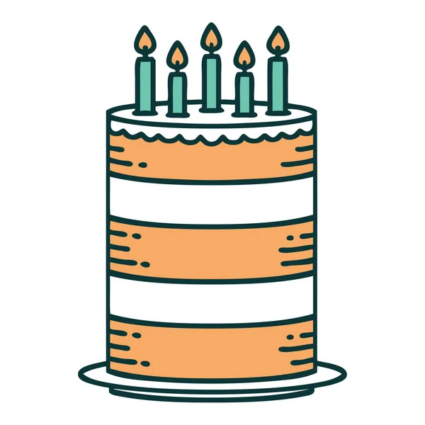誕生日ケーキの象徴的なタトゥースタイルのイメージ — ストックベクタ