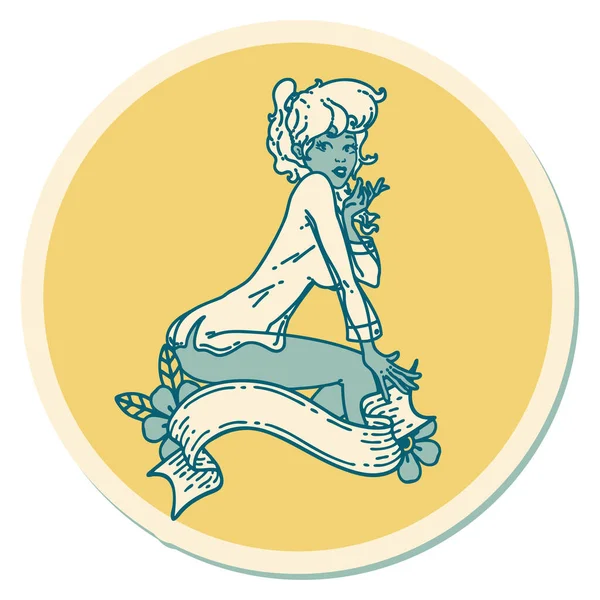 Наклейка Татуировки Традиционном Стиле Девушки Пинапе Футболке Баннером — стоковый вектор
