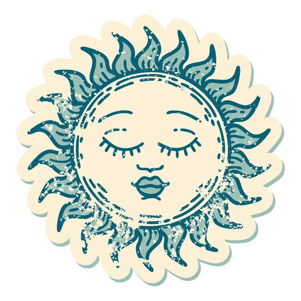 Icónica Imagen Estilo Tatuaje Etiqueta Angustiada Sol — Vector de stock