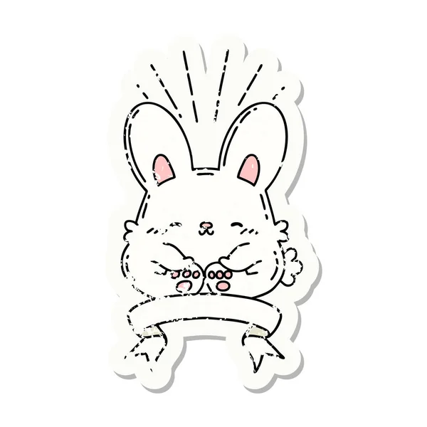 Worn Old Sticker Tattoo Style Happy Rabbit — Stock Vector