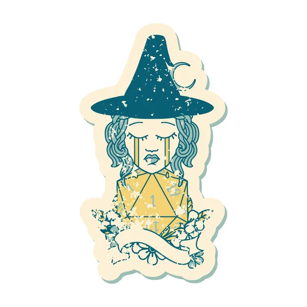 Retro Tattoo Style Human Witch Natural One D20 Roll — Stock Vector