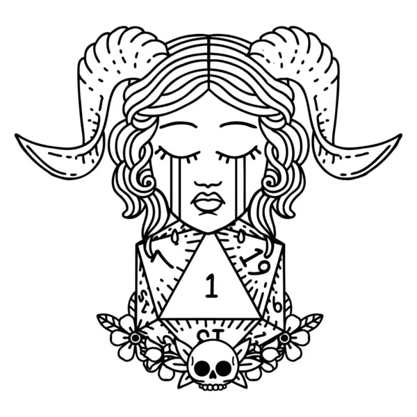 Black White Tattoo Linework Style Sad Tiefling Natural One D20 — Stockový vektor