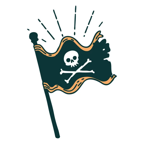 Ілюстрація Традиційного Стилю Татуювання Махаючи Піратським Прапором — стоковий вектор