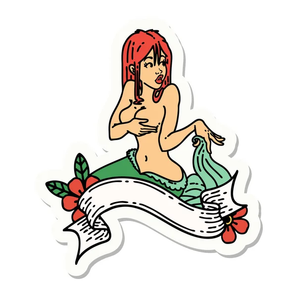 Autocollant Tatouage Dans Style Traditionnel Une Sirène Pinup Avec Bannière — Image vectorielle