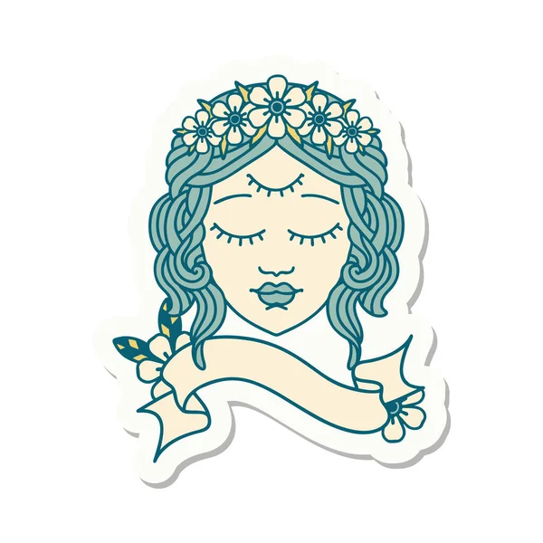 Autocollant Style Tatouage Avec Bannière Visage Féminin Avec Troisième Oeil — Image vectorielle