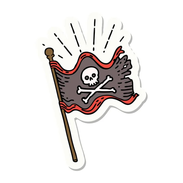 Наклейка Татуювання Стилю Махаючи Піратським Прапором — стоковий вектор
