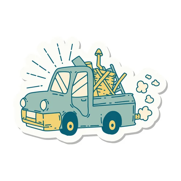 Sticker Van Een Tattoo Stijl Vrachtwagen Met Junk — Stockvector