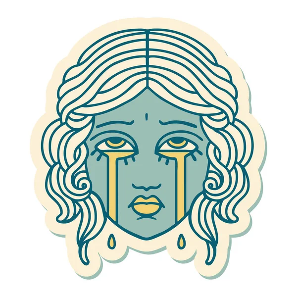 Sticker Tattoo Traditional Style Female Face Crying — Stock Vector