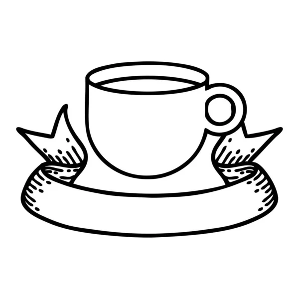 Hagyományos Fekete Vonal Tetoválás Banner Csésze Kávé — Stock Vector