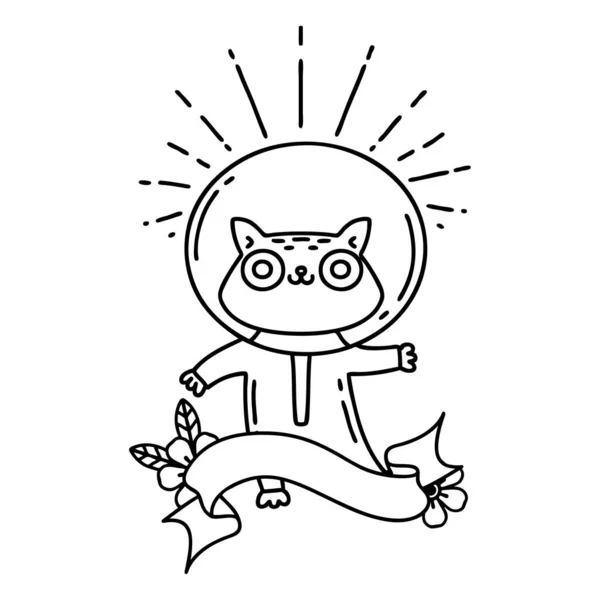 Прокрутка Банер Чорною Лінією Робота Татуювання Стиль Кота Костюмі Космонавта — стоковий вектор