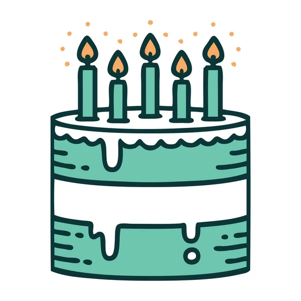 誕生日ケーキの象徴的なタトゥースタイルのイメージ — ストックベクタ