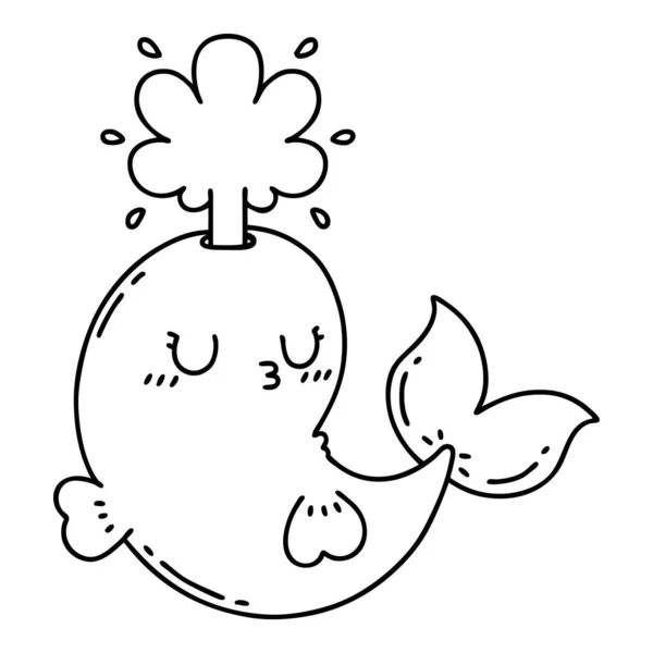 伝統的なブラックラインワークタトゥースタイルのイラスト幸せな潮吹きクジラのキャラクター — ストックベクタ