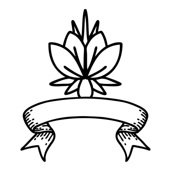 Tradiční Černé Liniové Tetování Praporem Leknínu — Stockový vektor