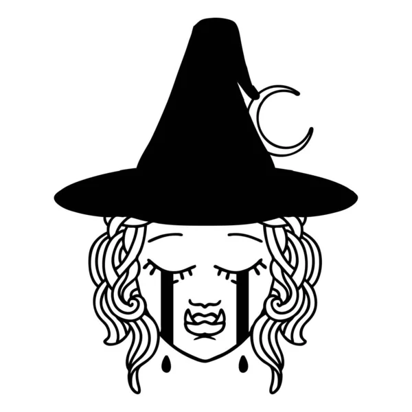 Black White Tattoo Linework Style Crying Half Orc Witch Character — Stock Vector