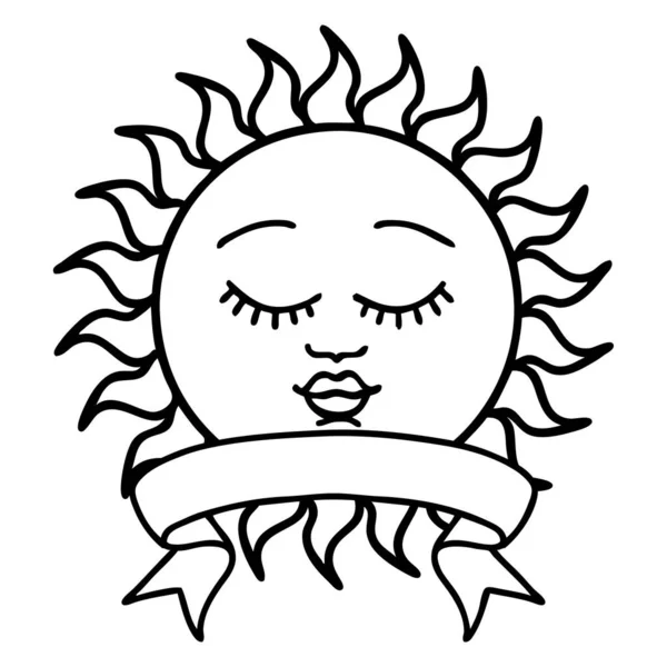 Traditional Black Linework Tattoo Banner Sun Face — Stock Vector