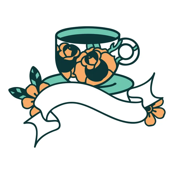 伝統的なタトゥーにカップと花のバナー — ストックベクタ