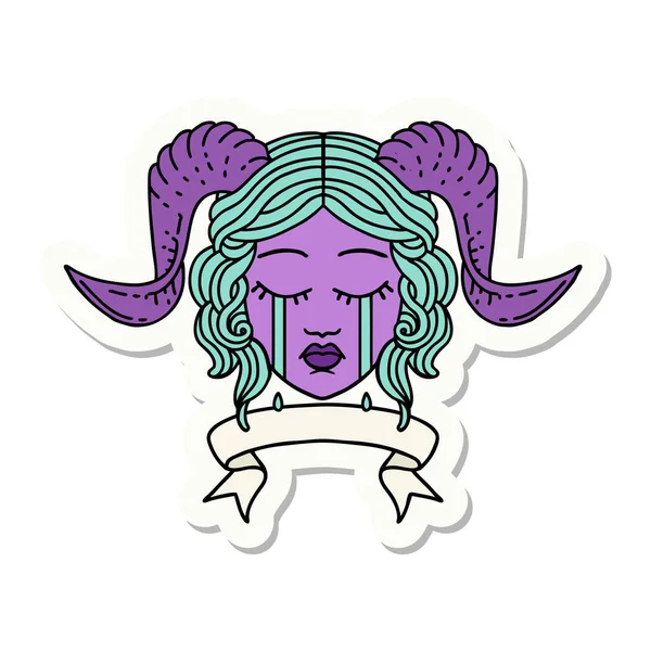 Pegatina Llanto Tiefling Carácter Cara Con Banner Desplazamiento — Vector de stock