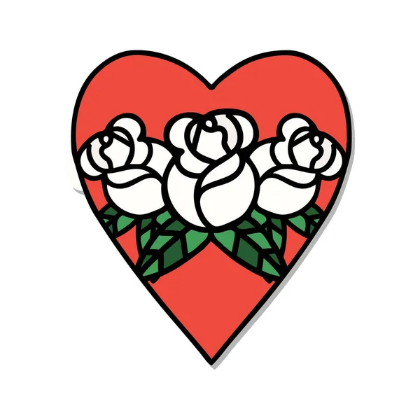 Pegatina Del Tatuaje Estilo Tradicional Del Corazón Las Flores — Vector de stock