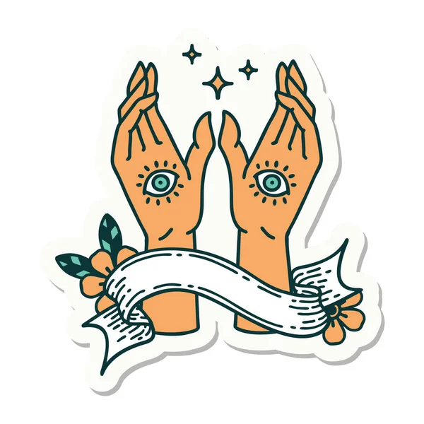 Naklejka Stylu Tatuażu Chorągwią Mistycznych Rąk — Wektor stockowy