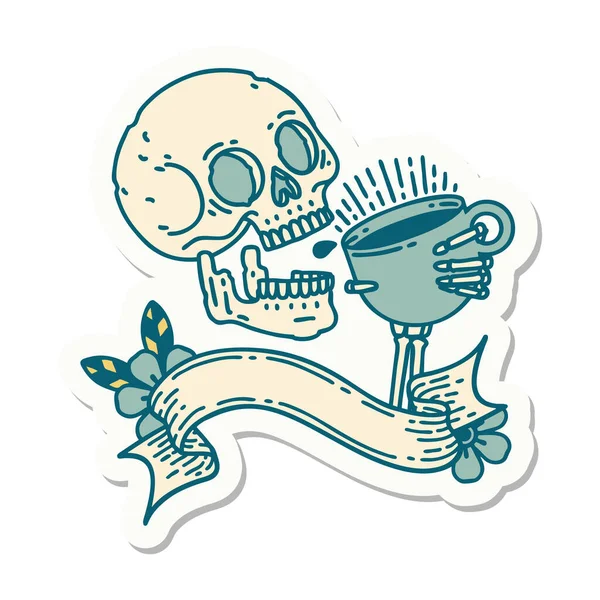 Tattoo Style Sticker Banner Skull Drinking Coffee — Stock Vector