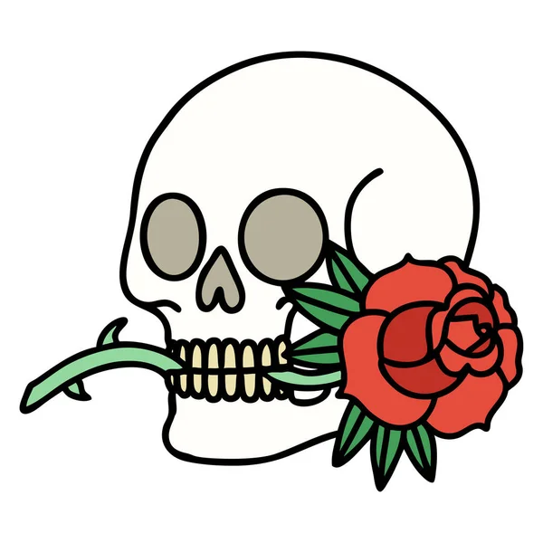 Tetování Tradičním Stylu Lebky Růže — Stockový vektor