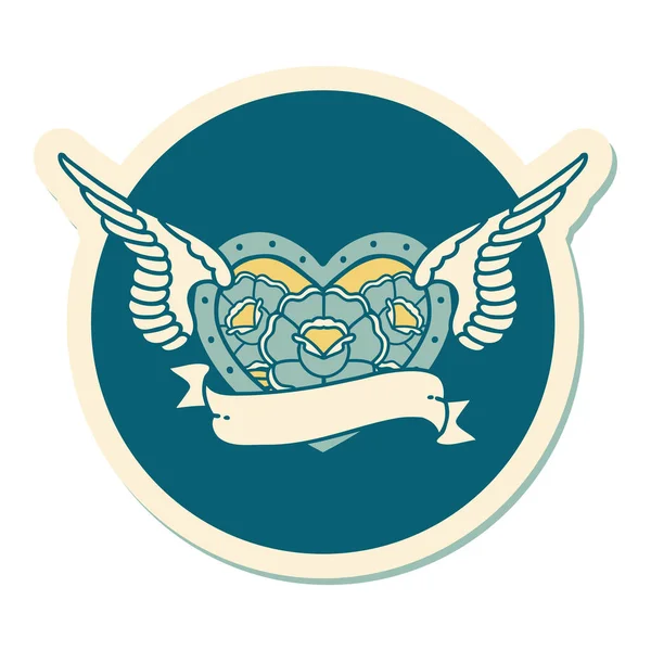 Наклейка Татуювання Традиційному Стилі Літаючого Серця Квітами Банером — стоковий вектор