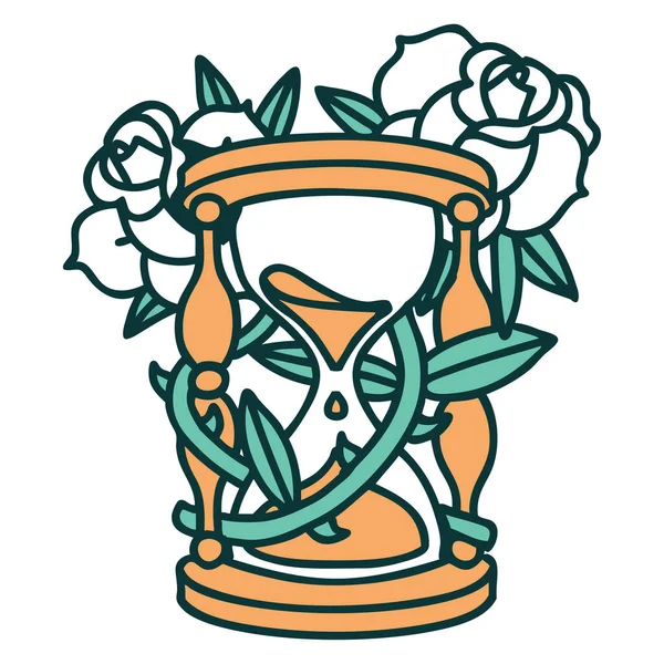 Ikonik Dövme Tarzı Bir Saat Cam Çiçeğin Görüntüsü — Stok Vektör