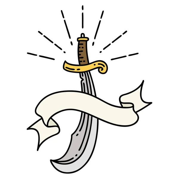 Svitek Banner Tetovacím Stylem Scimitar Meč — Stockový vektor