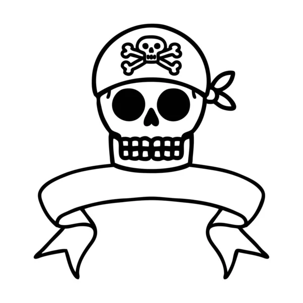 Tatuagem Linework Preto Tradicional Com Bandeira Crânio Pirata — Vetor de Stock