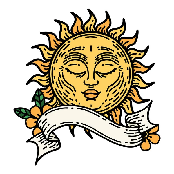 Tatuagem Tradicional Com Bandeira Sol — Vetor de Stock