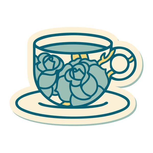 Geleneksel bir fincan ve çiçek stili dövme çıkartması.