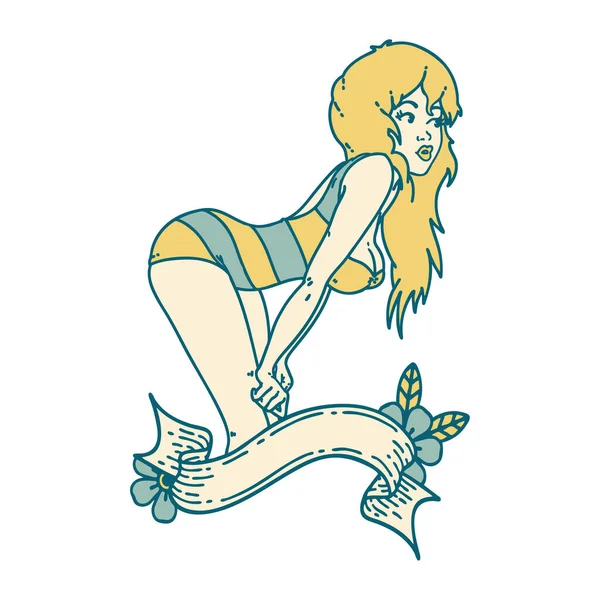 Icónica Imagen Estilo Tatuaje Una Chica Pinup Traje Baño Con — Vector de stock