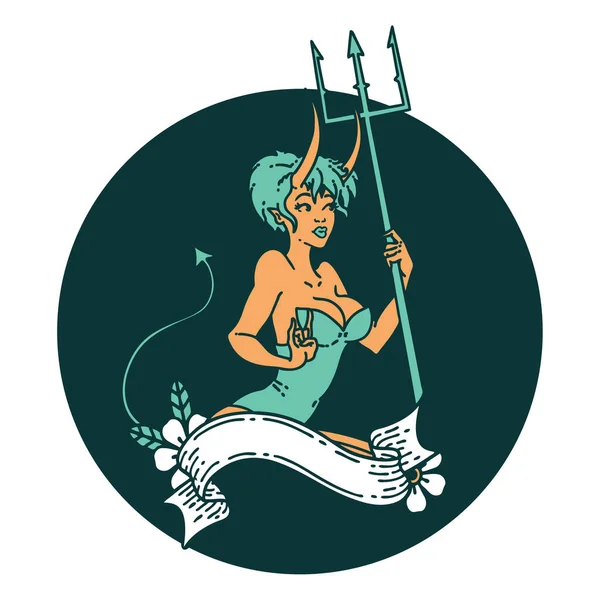 Ikonikus Tetoválás Stílus Kép Egy Pinup Ördög Lány Banner — Stock Vector