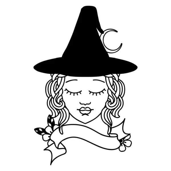 Black White Tattoo Linework Style Human Witch Character Face — Stock Vector