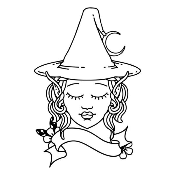 Black White Tattoo Linework Style Elf Mage Character Face — Stock Vector
