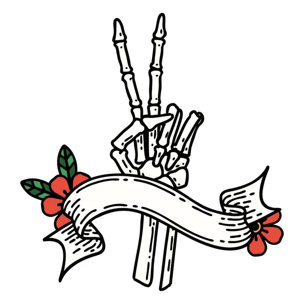 Traditionele Tatoeage Met Banier Van Een Skelet Dat Een Vredesteken — Stockvector